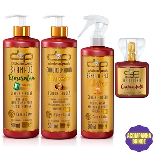 Kit Dolce Pet Shampoo Suave + Condicionador + Banho a Seco + Perfume Cereja e Avelã