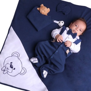 Saida Maternidade Menino Azul Marinho Suspensórios luxo com naninha 100% algodão (1)