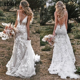 Lorie Vintage Sereia Vestidos De Casamento 2020 V- Neck Backless Lace Apliques 3d Flores País Vestido De Noiva Plus Size Custom Made (1)