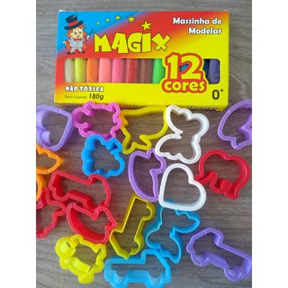 massinha de modelar 1 caixinha com 12 cores + 10 cortadores sortidos marca magic com selo do INMETRO