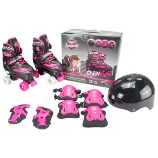 Patins 4 rodas infantil Quad Feminino Roller preto/rosa + kit proteção (1)