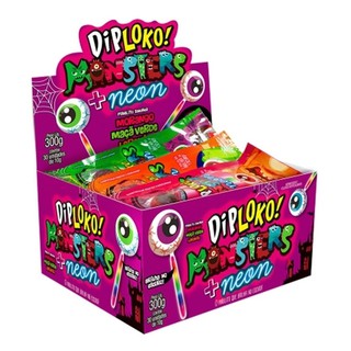 DipLoko Monster Neon Olho de Monstro c/30 - DipLoko Neon Monsters - DipLoko Pirulito Morango/Maçã Verde/Laranja - Dip Loko