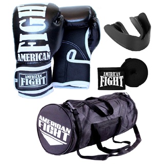 Kit Boxe Muay Thai Luva Bolsa Bandagem Bucal American Fight - Preto