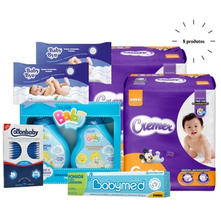 Kit Cuidados E Higiene Bebê Completo Chá de Bebê Fraldas Cremer 100 Lenços Umedecidos Shampoo Pomada de assaduras