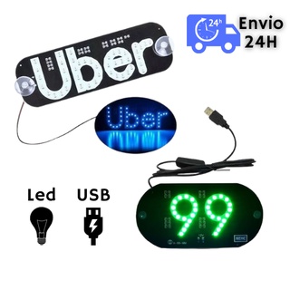 Placa Painel Luminoso 12v Led Uber 99 2 Ventosas Com Cabo USB/Isqueiro