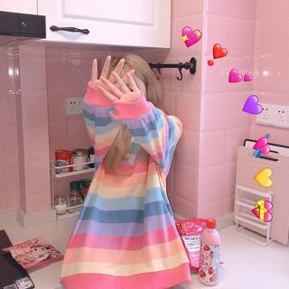 [Liu] T-shirt de manga comprida listrada arco-íris aluna