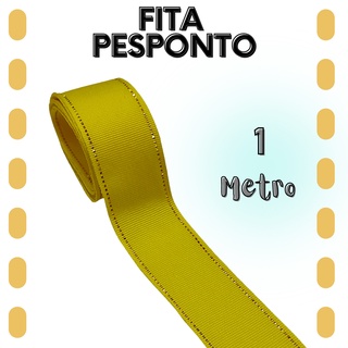 Fita Gorgurão Pesponto Borda Dourada 38mm | 1 Metro - Amarelo