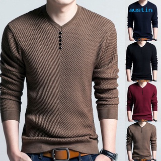 AU Chic Men Solid Color V Neck Long Sleeve Pullover Slim Fit Knitted Sweater Blouse
