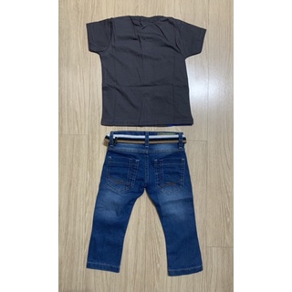 Conjunto Infantil Masculino - Calça Jeans (Acompanha o Cinto) e Camiseta Cinza/Azul com Estampa de Dinossauro (5)