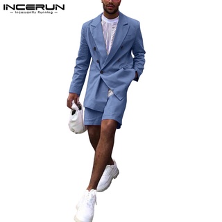 INCERUN Men's Fashion Korean Style Long Sleeve Blazer+Shorts Loose Two Pieces Set