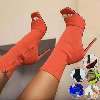 Womens Mid-calf Suede Boots Thin High Heels Square Side Zipper Open Toe Ladies Fashion Ankle Boots