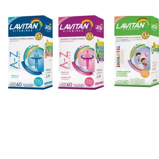 Lavitan Familia vitaminas A-z Homem 60 caps + A-z Mulher 60 caps + Infantil 60 comp. mastigáveis sabor frutas (verde) promoção