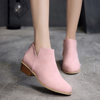 Women Autumn Solid Leather Ankle Boots Cut-out Low Heel Round Toe Back Zipper Casual Boots Non-slip Short Bootie (5)