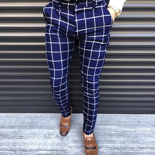 [BGK] Fashion Men Casual Business Slim Fit Plaid Print Zipper Long Pants Trousers (6)