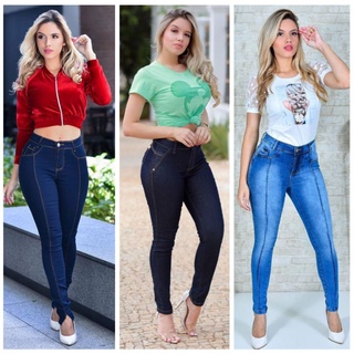 calças jeans feminina cós alto com lycra/elastano