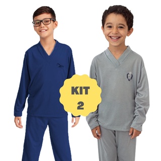 Kit 2 Pijama Infantil Menino Longo Manga Longa Calça Masculino Liso de Frio 040LI (2)