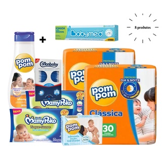 Kit Bebe Higiene Fraldas Pompom DermaProtek, Lenços MamyPoko Shampoo Pomada (1)