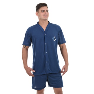 Pijama Masculino Adulto Curto 084 Aberto com botão cores lisas bordado