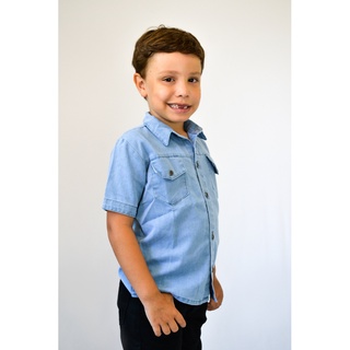 Camisa manga curta jeans social infantil Masculino 1 2 3 4 5 6 8 anos (4)