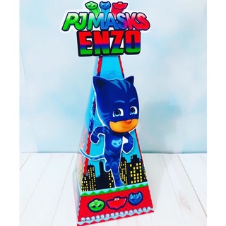Caixa Piramide PJ Masks lembrancinha de festa aniversário infantil decoração de mesa