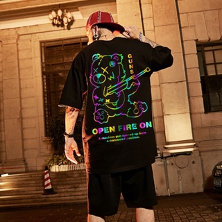 Camiseta Masculina Manga Curta Larga Hip-Hop Estampa Urso Violino