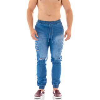 Calça jeans masculina jogger azul clara detalhe rasgada