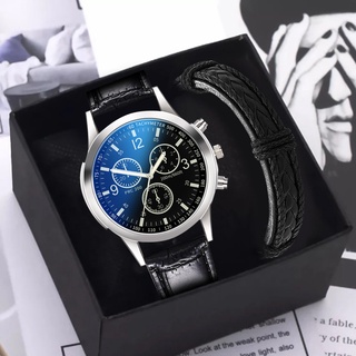 2pcs Relógio masculino relógio analógico moda executiva relógios masculinos de quartzo + pulseira de couro