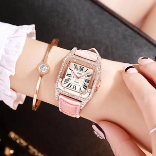 Relógio feminino de Quartz analógico estilo Coreano com strass pulseira de couro