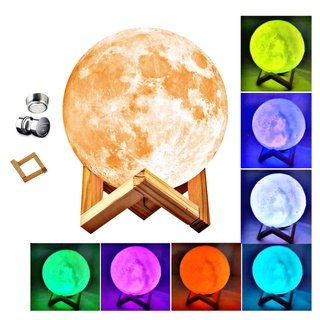 Luminária Lua 12cm + Base 4cm 3D Branco, Branco Quente ou Colorida - ZALLUNA