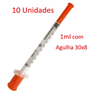 10 UNID. Seringa Insulina 1ml com Agulha 8,0x0,30mm - 30G Descartável Descarpack 100 U.I./cc