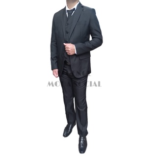 Terno social masculino Slim oxford premium completo com colete - 2 cores (preto/azul marinho) (3)