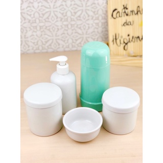 Kit Higiene Potes Porcelana Branca Garrafa Verde 5 peças