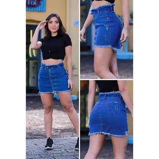 Mini Saia Jeans Lycra Feminina Desfiada Cintura Alta Barra Rasgada Destroyed Com Botões Blogueira Verão