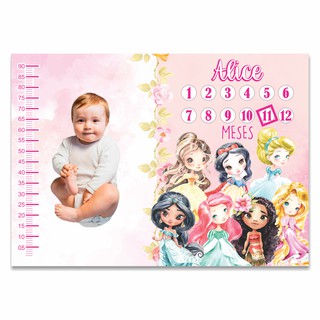 Painel Cenário Em Tecido Mesversário Princesas Cute Personalizado com Nome 100x140cm