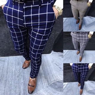 [BGK] Fashion Men Casual Business Slim Fit Plaid Print Zipper Long Pants Trousers