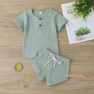 ✸ღ✸0-24m Newborn Baby Girls Boys Rib-knitted Short Sleeve T-shirt +Shorts 2Pcs Set Casual Cotton Clothing (5)