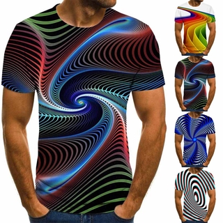 Men T-Shirts Tops Round Neck Short Sleeve 3D Colorful Print Striped Fashion