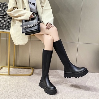 Women's Knee Boots Retro Solid Color Round Toe Platform High Boots (2)