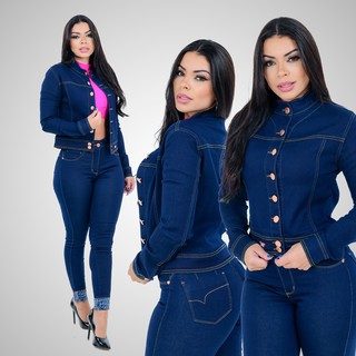 Conjunto De calça Jeans Feminina + Jaqueta c/ lycra Skinny Barra Detalhada Escura Modeladora Levanta Bumbum 36 ao 46 (1)