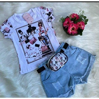 Conjunto Bloguerinha Menina Infantil Blusa Short Jeans Cinto Pochete Moda Verão (1)