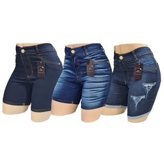 Kit 3 shorts Jeans Feminino Meia coxa Bermuda Cintura Alta Lycra