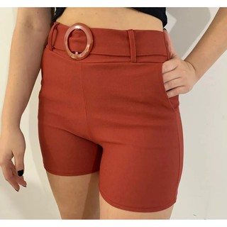 Short Feminino Shorts Com Cinto Cintura Alta Bolso Moda Verão (4)