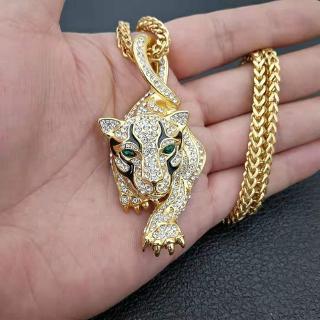 Luxury Men's 18K Gold Inlaid Austrian Rhinestone Emerald Tiger Pendant Necklace