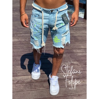 Bermuda jeans masculina rasgada curtinha com cinto de sisal short rasgado curto