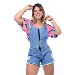 Macaquinho Jeans Feminino Jardineira short com zipper