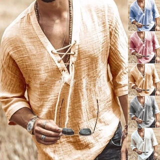 🔥Entrega em 24 horas🔥Camiseta masculina casual retro com decote em V Camiseta casual solta Camiseta Top camisa com cordão (1)