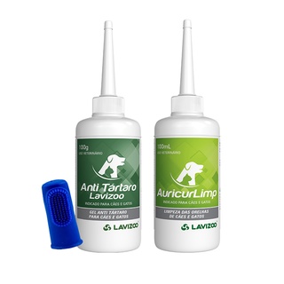 Gel Anti Tartaro c/ Dedeira + Solução Limpa Orelhas Cães e Gatos Auricur Limp Lavizoo