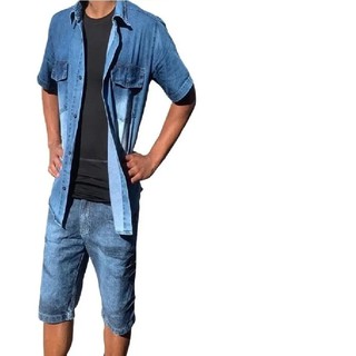 Camisa Social Slim Masculina Manga Curta Jeans Com Botões