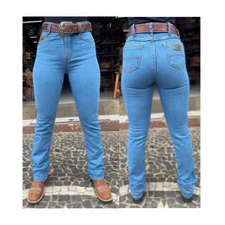 Calça Jeans Country Tradicional Feminina Original Os Boiadeiros Delavê Cintura Alta C/ Elastano