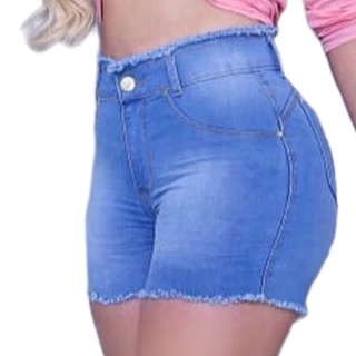 Short Jeans Feminino Azul Claro Cintura Alta Com Lycra Atacarejo - Cós Destroyed E Costura Levanta Bumbum - Short Para Mulher - Short Jeans (1)
